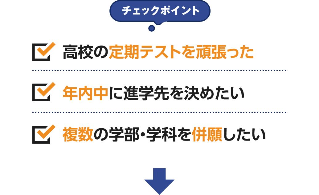 チェックポイント　高校の定期テストを頑張った 年内中に進学先を決めたい 複数の学部・学科を併願したい