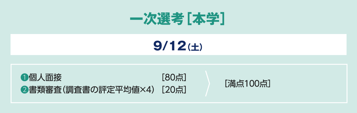 一次選考［本学］9/12（土）❶個人面接［8０点］❷書類審査（調査書の評定平均値×4）［2０点］ ［満点１００点］