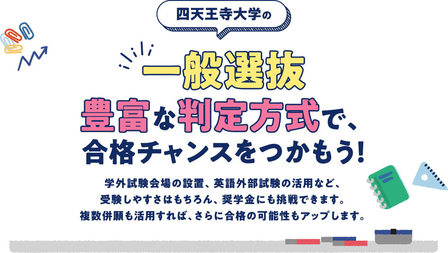 一般選抜 豊富な判定方式で、合格チャンスをつかもう！ 学外試験会場の設置、英語外部試験の活用など、受験しやすさはもちろん、奨学金にも挑戦できます。複数併願も活用すれば、さらに合格の可能性もアップします。
