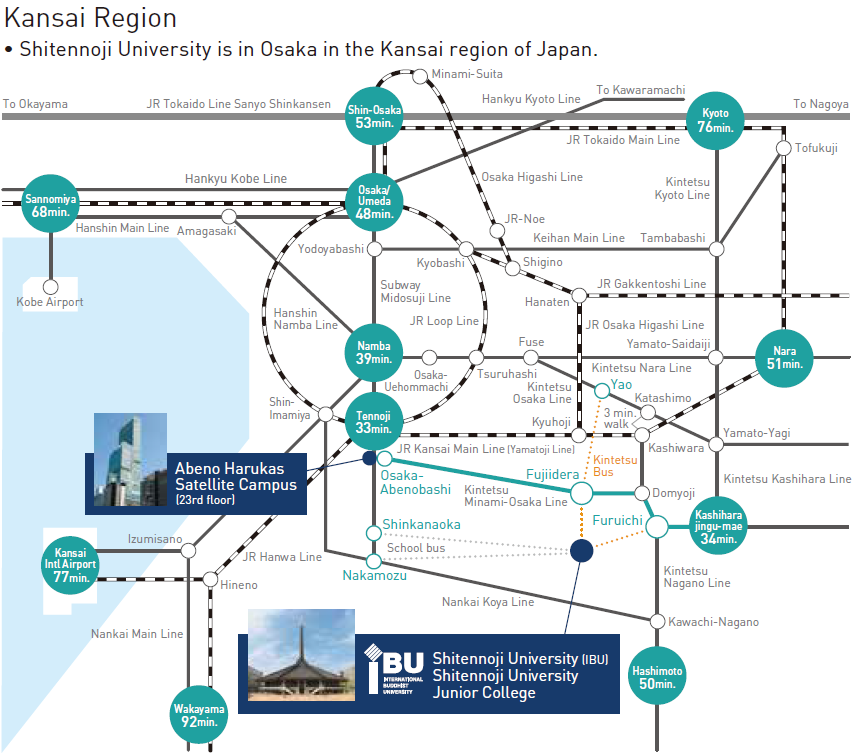 Shitennoji University is in Osaka in the Kinki region of Japan.